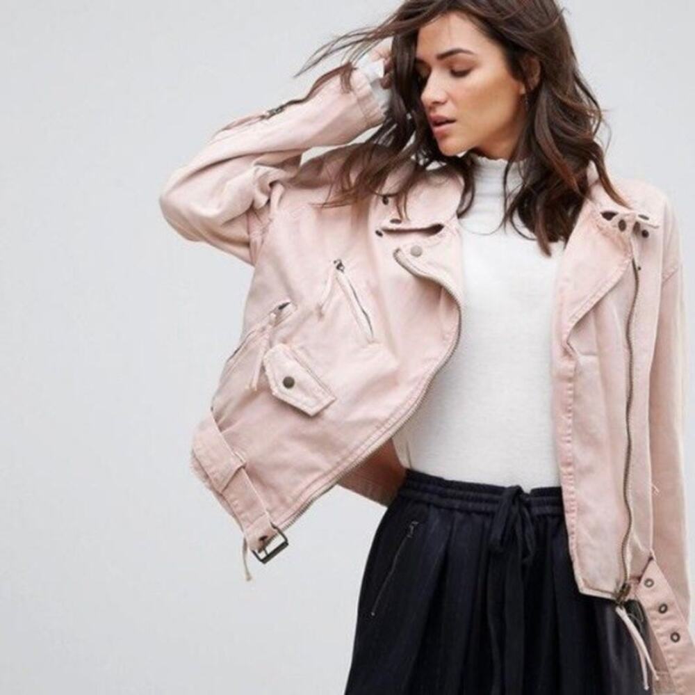 Free People Oversized Jacket Denim Moto Washed Pink Lace Up Zippered Indie M